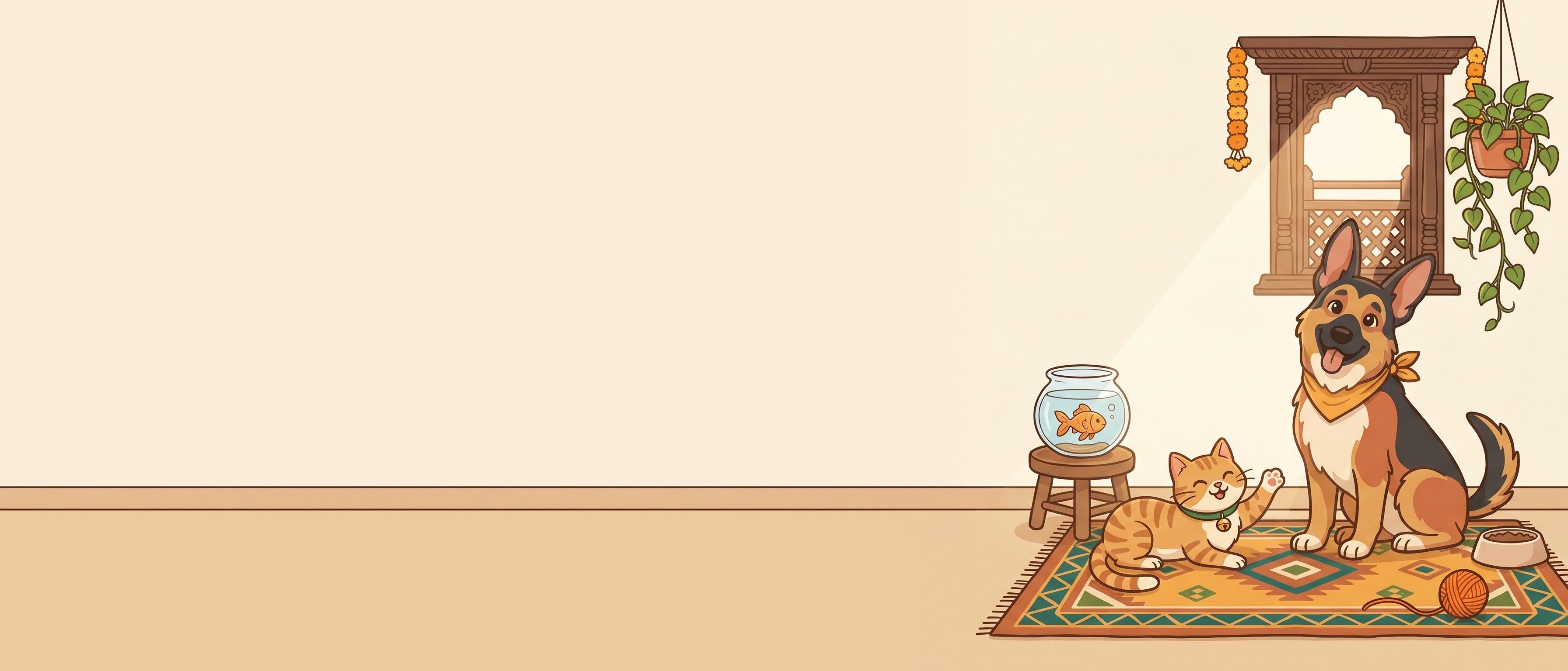A German Shepherd, a ginger cat and a goldfish at home on a woven rug, under a carved wooden window